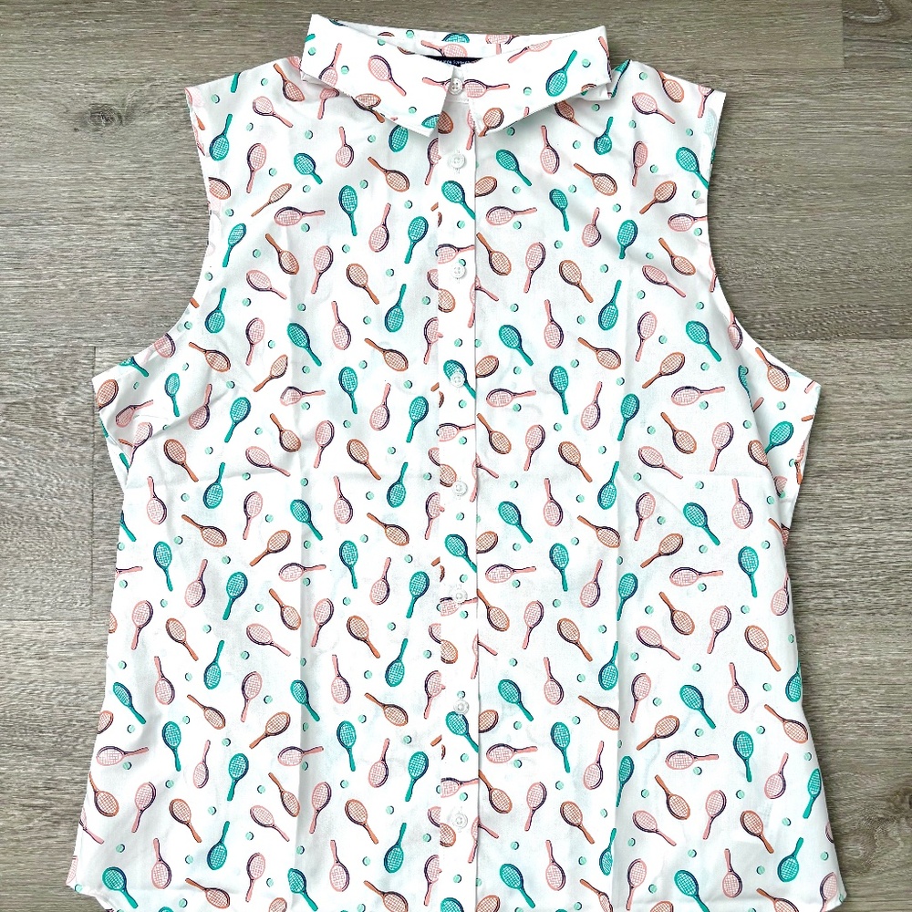 Womens LANDS END No Iron TENNIS Print Cotton Sleeveless Button Down Shirt Sz 12